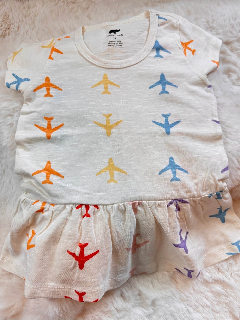 Monica and Andy, White, 3T, Toddler Peplum Top with Rainbow Airplane Print, NWOT